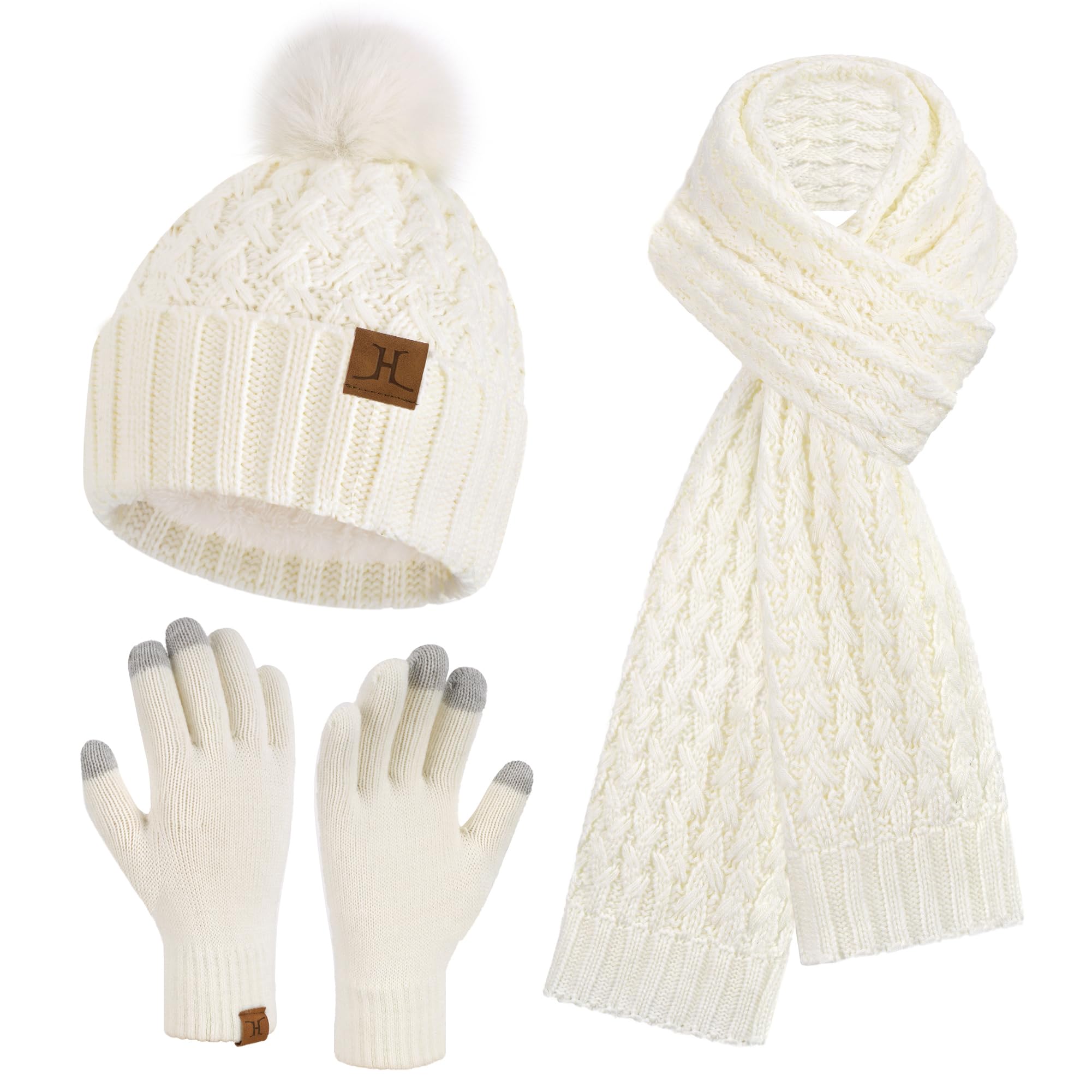 Womens Winter Beanie Hat Touchscreen Gloves Long Neck Scarf Set Warm Knit Caps with Pom Fleece Gifts for Women